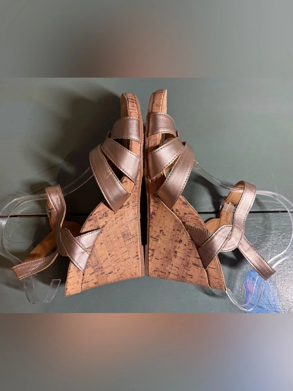 Born Metallic Bronze Strappy Cork Wedge Sandals